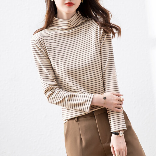 Demana (dme) super elastic striped half turtleneck comfortable striped bottoming shirt for women with top and bottoming shirt for women, light yellow L