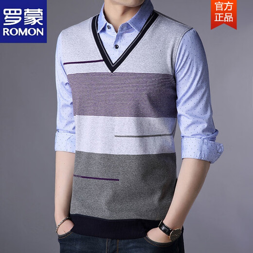 ROMON (ROMON) Spring and Autumn Fake Two-piece Shirt Collar Knit Sweater Men's Long Sleeve Double Collar Shirt T-shirt Middle-aged Men's Thin. Base Shirt 3878 Blue (Spring and Autumn) Button Cuffs Thin XL 175 Recommended 138-158Jin [Jin equals 0.5 kg]