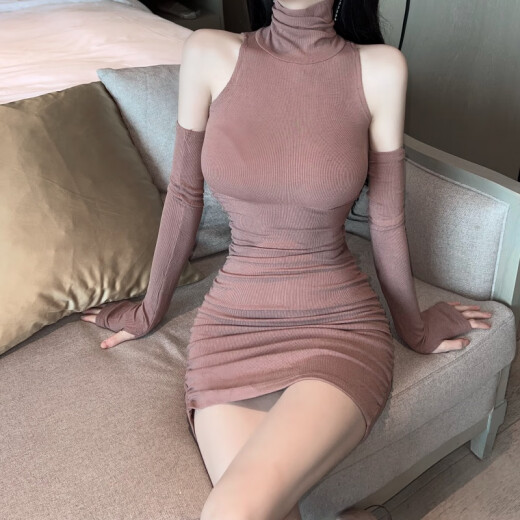 忆静萱（YIJINGXUAN）欧美性感露肩高领紧身长袖连衣裙女秋冬收腰褶皱气质袖套包臀夜店 主图款 M 95-105斤