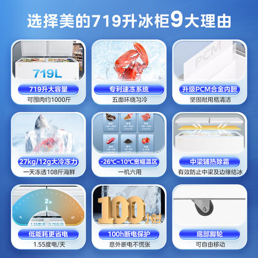 美的商用家用冰柜卧式大容量冷柜单温柜冷冻柜雪柜深冷速冻超低温冰箱 【BD/BC-719DKM(E) 】 719L