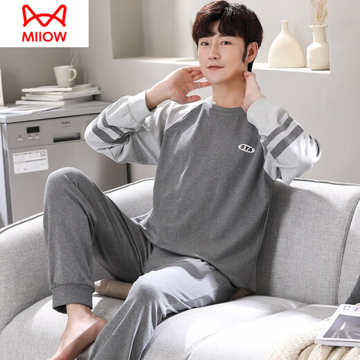 Catman (Miiow) Pyjamas für Männer im Frühjahr und Herbst Pure Cotton Longleved Teenagers Volle Baumwolle Largesize Sommer-Dünnhause-Kleidungsstück Q6627 Hollow C Letters Herren M [80-120jin [Jin gleich 0,5 kg]]]