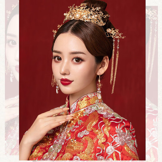 Dijing Bride Xiuhe Headdress Golden Phoenix Crown Chinois Mariage Costume Tassel Hair Acel Xiuhe Clothing Accessoires Bijoux atmosphériques F656 Phoenix Crow