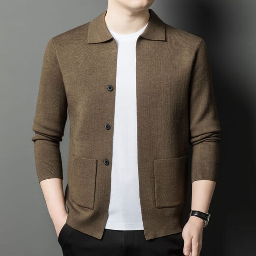 VWAYZZ light business long-sleeved knitted cardigan jacket men's spring and autumn new fashion casual wool knitted sweater gentleman men's clothing brown camel 2XL /180