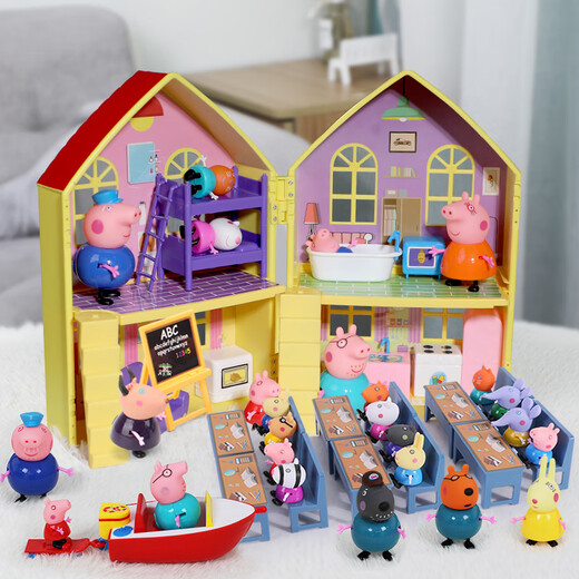 Süße Schweine Kinder Peppa House spielen Spielzeug Peggy Doll Girls Carriage Familie von vier Hauspuppen Set Girl Doppelseitig Haus + Spielplatz + 16