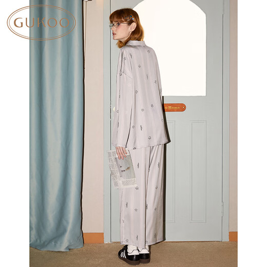 Gukoo Couple Pajamas Spring and Autumn Style miiiiichan Series Cartoon Full Print Lapel Long Sleeve Women's Homewear Suit Men's Mist Gray Women's Suit M