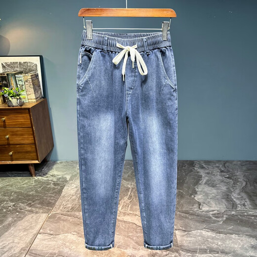 2025 spring and summer thin elastic waistless jeans men's lace-up simple loose large size casual elastic harem pants light blue 675 thin model 36 (recommended 165-185Jin [Jin equals 0.5 kg])