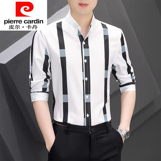 皮尔卡丹（pierre cardin）冰丝衬衫2025夏季男士潮流短.袖上衣青年条纹长袖衬衫休闲T.恤 701 -长.袖 XL 125-135斤