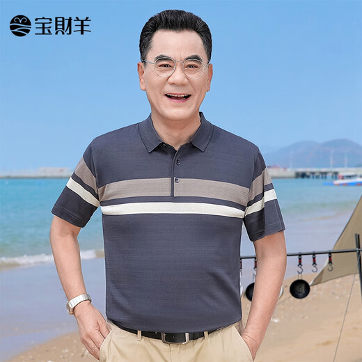 宝财羊爸爸夏装冰丝短袖t恤男条纹polo衫半袖中老年人上衣服父亲节礼物