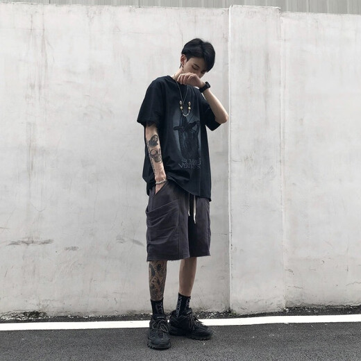 
POUM short-sleeved T-shirt men's summer thin dark European and American high street trendy top printed hip-hop half-sleeved base T-shirt men CWLFS-CL1047 black 2XL