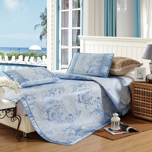 Antarctic summer ice silk mat 1.8m bed air-conditioned mat 1.5m double mat 1.2 foldable single dormitory three-piece set Swaying Flowers - Blue 90*190cm two-piece set (mat + pillowcase 1)