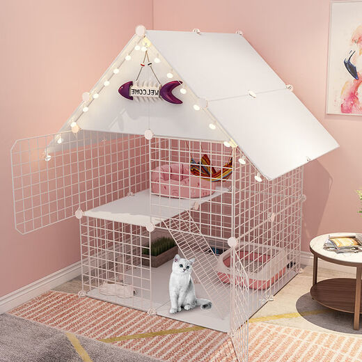 Cat Cage Home Indoor Cat Villa with Toilet Clearance Large Extra Large Free Space Small Cat Nest Cattery Three-story Small Bungalow + Princess Pink-Multi-layer Platform Exclusive Model Hardcover Model + Cat Litter Box + Dual-Purpose Cat Bowl