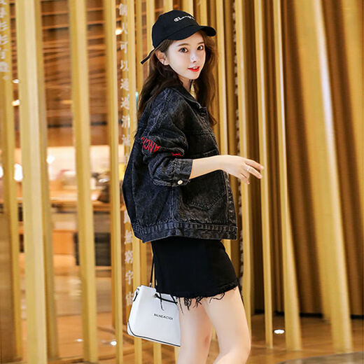 裴诗妍黑色牛仔外套女潮s春夏秋款女装新款百搭矮个子牛仔衣2025新款 9929#烟灰色 3XL  建议156--165斤