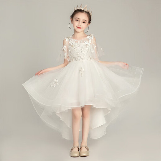 Girls' fashionable white gauze princess dress light luxury high-end wedding children's host birthday piano performance evening dress white short front and long back 130