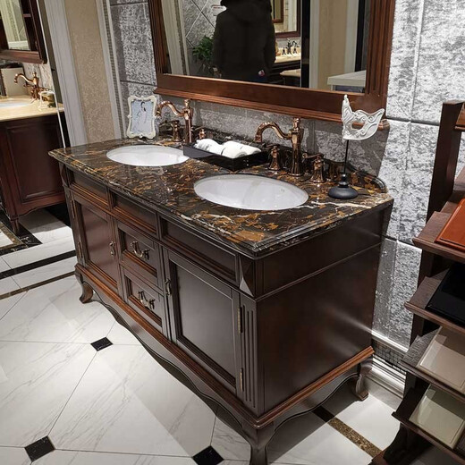 靡丽世家（MILISHIJIA） 简欧北欧橡木实木浴室柜落地卫浴柜洗手盆组合卫生间洗脸盆洗漱 胡桃色 80公分橡木对开门 米黄台面