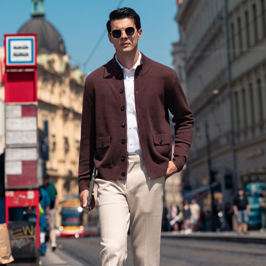 Mr. Cashmere Blend Thickened Sweater Jacket Spring and Autumn Solid Color Retro Knitted Wool Cardigan Men's BT12339 Clearance Coffee L (175)