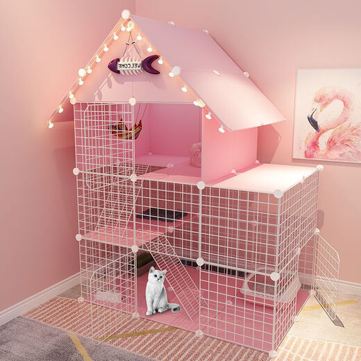 Cat Cage Home Indoor Cat Villa with Toilet Clearance Large Extra Large Free Space Small Cat Nest Cattery Three-story Small Bungalow + Princess Pink-Multi-layer Platform Exclusive Model Hardcover Model + Cat Litter Box + Dual-Purpose Cat Bowl