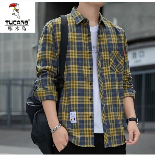 
Woodpecker (TUCANO) plaid shirt men's spring and autumn casual long-sleeved shirt Korean top retro loose thin jacket trend K12111 m blue + K12111 blue yellow L 110125Jin[Jin equals 0.5 kg]