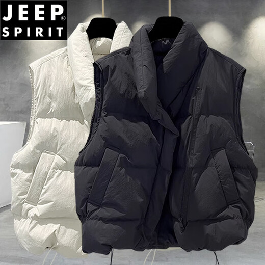 JEEP SPIRIT solid color stand-up collar cotton vest jacket men's winter thickened trendy workwear youth casual cotton jacket trendy brand loose black 2XL suitable for 150-180Jin Jin equals 0.5 kg