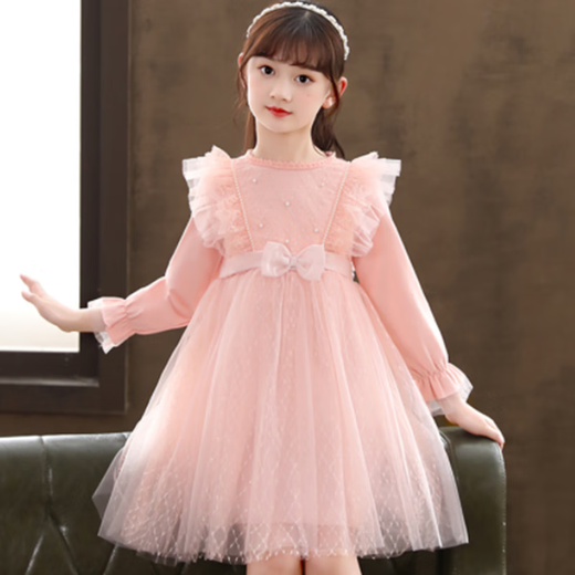 HUTUGOU Girls Dress Spring and Autumn New Children's Long-Sleeved Princess Dress Little Girl Fashionable Korean Style Puff Dress 0826 White Velvet 120 (Recommended Height 106-116)