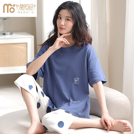 莫代尔睡衣女春夏纯棉新款薄款短袖长裤夏季女士家居服宽松大码 HJF681-灰蓝-棉 M(体重80-100斤)