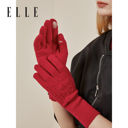 ELLE 100% sheep wool gloves for women autumn and winter outdoor warm and fashionable knitted fingertips for students driving with touch screen
