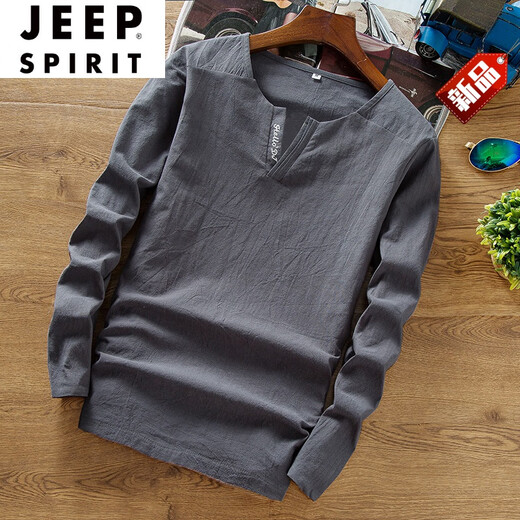 JEEP SPIRIT中国风T恤男长袖V领大尺码胖子复古上衣亚麻打底衫棉麻料春秋衣男 【字母】黑色 XL 一般体重130到145斤