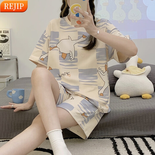 
REJIP pajamas ladies 2024 new short-sleeved shorts summer cute internet celebrity style home clothing summer suit can be worn outside Q6627 2XL [recommended 140-160Jin [Jin equals 0.5 kg]]