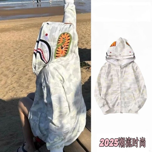 Chihuan Ape Man Shark Jacket Street Fashion Brand Embroidered Zipper Double Hood Clothes Camouflage Hip Hop Couple Cardigan Sweatshirt Men and Women White High Version Shark Double Hood Jacket M Embroidery Version Recommended 90-110 Jin Jin equals 0.5 kg High Quality