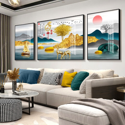 Tongdi Nouveau salon chinois Décoration peinture canapé fond mur moderne moderne simple villa hall paysage peinture triple peinture suspendue 10 jiahe fugui-12124 Middle 80 * 60 40 * 60 cadres noirs des deux côtés (peinture en porcelaine cristalline)
