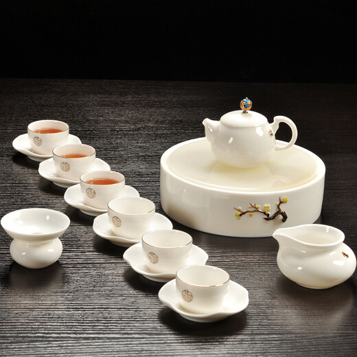 Greek-style mutton-fat jade porcelain Kung Fu tea set for home use Tangyue kiln Dehua white jade porcelain tea set office cover bowl tea cup small tea tray set jade tea table dry infusion tray gift box Horseshoe jade porcelain 7 pieces (gift box)