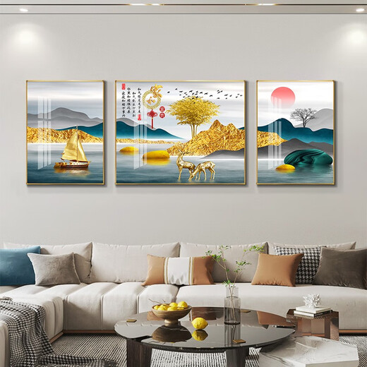 Tongdi Nouveau salon chinois Décoration peinture canapé fond mur moderne moderne simple villa hall paysage peinture triple peinture suspendue 10 jiahe fugui-12124 Middle 80 * 60 40 * 60 cadres noirs des deux côtés (peinture en porcelaine cristalline)