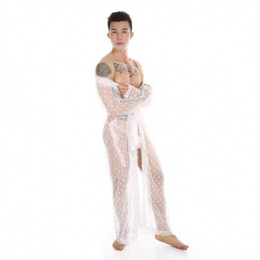 Sexy underwear men's underwear thong sexy sexy lace bathrobe long transparent slit XL g094 black nightgown + underwear
