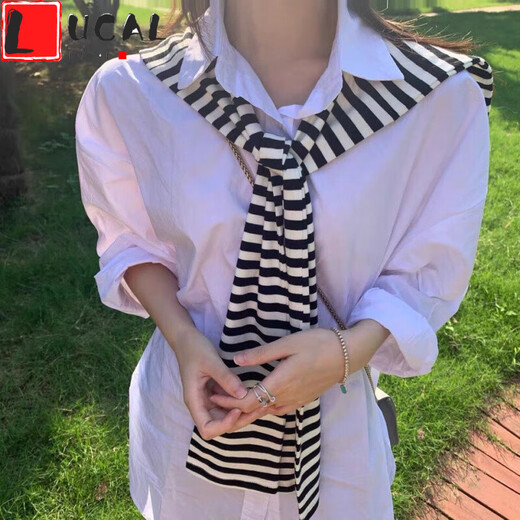 LUCALY搭肩小披肩网红同款披肩小搭肩打结围巾披肩针织女百搭护颈小披肩围脖潮 宽条纹白底