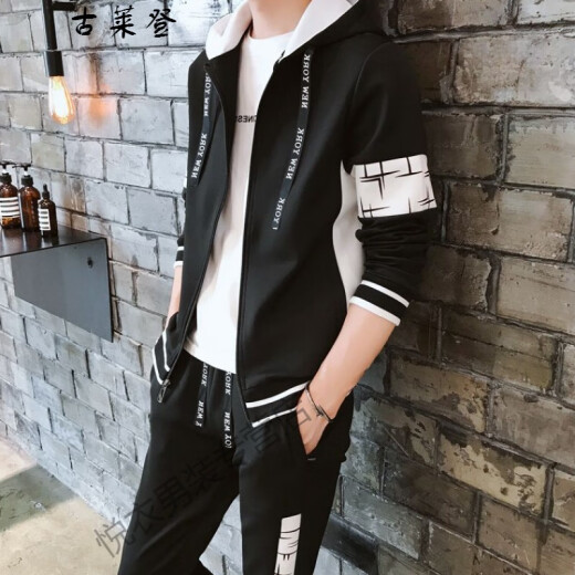 Gulayden [48 yuan top + trousers] Teenage sweatshirt men's hooded thin set of clothes for boys spring and autumn casual suit for boys and middle school students Korean version of trendy sports coat black 208 suit cardigan L