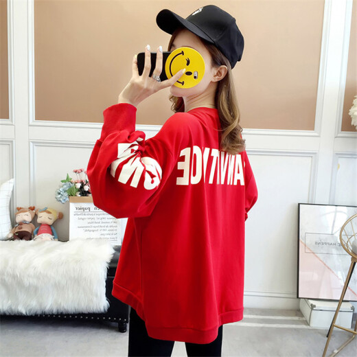 Langyue Women's Autumn T-shirt Zodiac Year Sweater Women's Korean Style Loose Casual Student Long-Sleeved Pullover Top Trendy LWWY197511 Red M/One Size