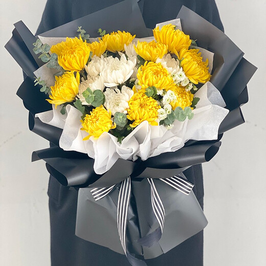 Xinyi Flower Express Qingming Festival chrysanthemums funeral flowers memorial service memorial grave sweeping nationwide citywide delivery 19 white and yellow chrysanthemums mixed and matched bouquet