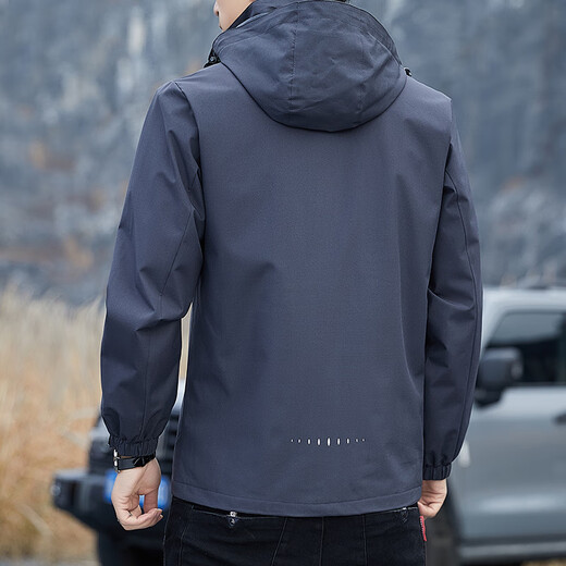 真维斯（Jeanswest）春秋季冲锋夹克男新款男装宽松连帽可拆卸外套男士防风工装上衣 6628深灰色 3XL 码(151-165斤)