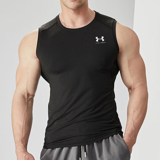 Under Armour Vest Men 2025 Summer Nuevo entrenamiento elástico de secado rápido Baloncesto transpirable Camiseta sin mangas ropa Fitness Fitness apretada/sugirida para elegir dos tamaños negros M