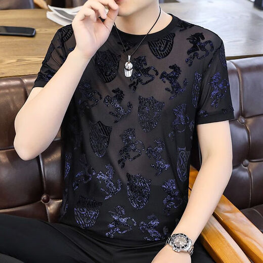ZHIDOUDOU flocking European goods men's ice silk hollow short-sleeved T-shirt men's 2023 summer top trendy clothes men 3893 blue M -120Jin [Jin equals 0.5 kg]