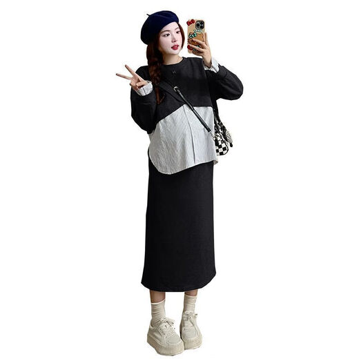 Aya Tingying's new autumn maternity suit Korean style loose large size versatile fake two-piece splicing striped top maternity two-piece set 1002 gray top + skirt suit XL 120-140Jin Jin equals 0.5 kg
