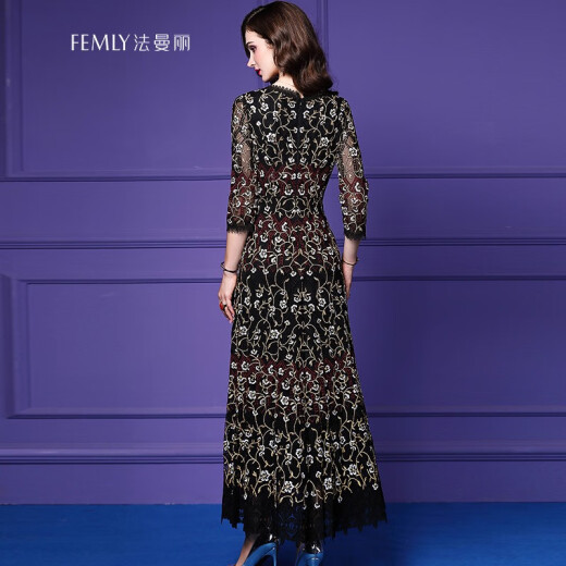 FEMLY new heavy industry embroidery dress noble banquet reception host celebrity aura queen black evening dress long L9971 black gold M