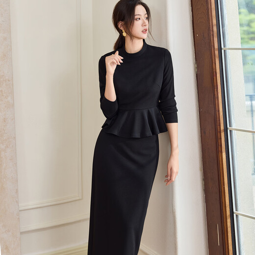 ROEYSHOUSE罗衣气质黑色针织套装女春季新款时尚上衣半身裙两件套10975 黑色 2XL