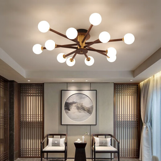 XMSJ New Chinese Kronleuchter Wohnzimmer Esszimmer Walnuss Vollkupferlampe moderne einfache atmosphärische magische Bohnenmolekül leichte Luxuslampe 1098-10 Kopf Walnuss + Kupferdecke neutral