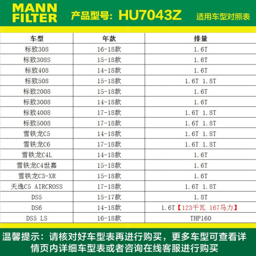 曼牌（MANNFILTER）机油滤清器机滤HU7043Z 308S标致308新408/508/5008/4008/3008