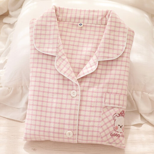 Miandao couple pajamas women's spring and autumn long-sleeved trousers brushed pajamas Japanese style simple plaid embroidered home clothes purple plaid L