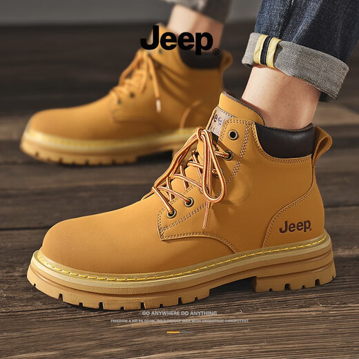 Jeep吉普鞋靴冬季2025新款马丁靴复古英伦风加绒工装靴加厚保暖大黄靴 金黄色 41