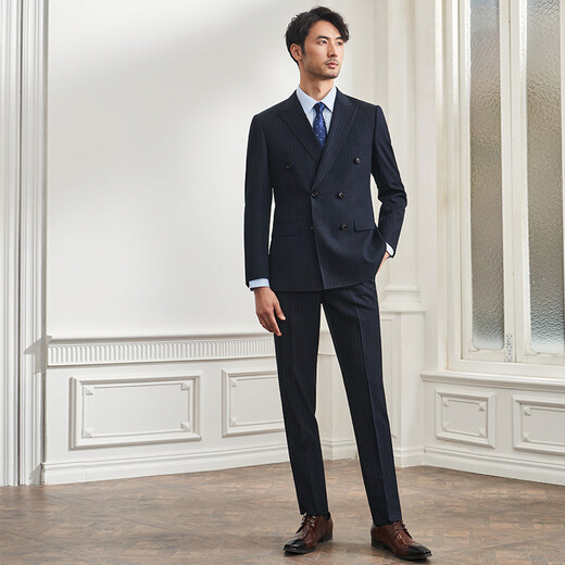 Guillaume (G MONS) suit men's suit men's suit men's slim business suit men's wedding groom casual vertical striped suit suit navy blue top + pants two-piece set 52