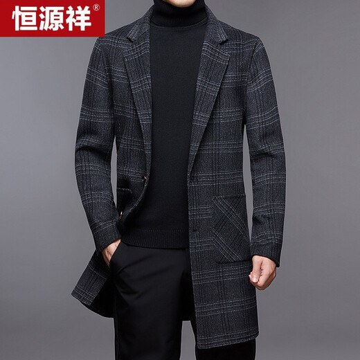 Hengyuanxiang double-sided wool coat men autumn and winter middle-aged men business casual mid-length wool coat plaid wool coat 21A16 170/88A