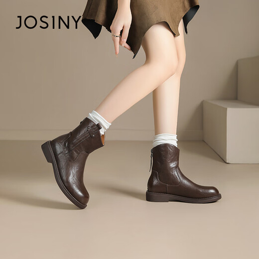 Zhuosini thick-soled short boots for women 2024 winter new spring and autumn single boots retro thin plus velvet British style Martin boots for women brown-single 38