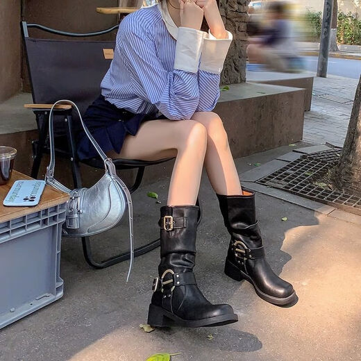漫蔻依马丁靴复古靴子西部牛仔皮带扣堆堆靴中筒长靴女粗跟高筒骑士靴子 主图款 36